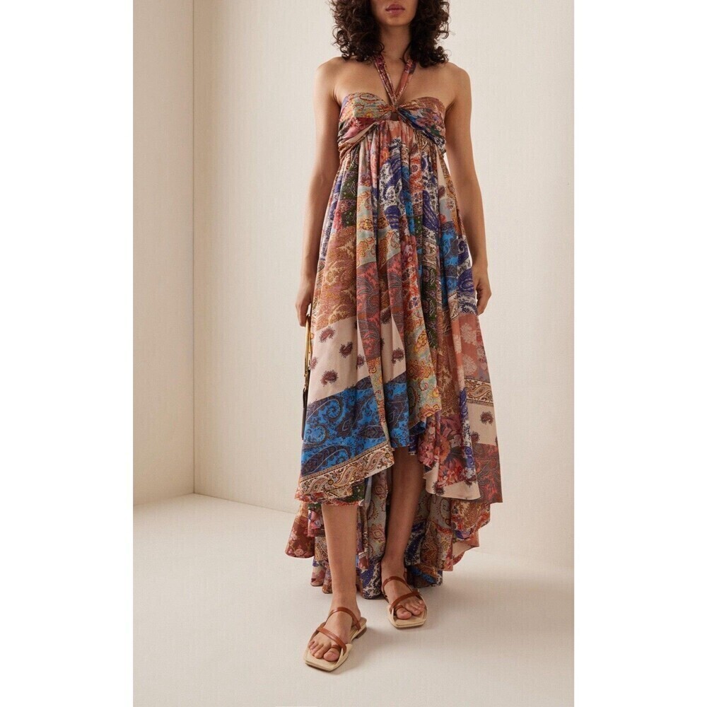 ZIMMERMANN Devi Pleated Paisley-Print Silk Halterneck Midi Dress Size AU 3 US 10
